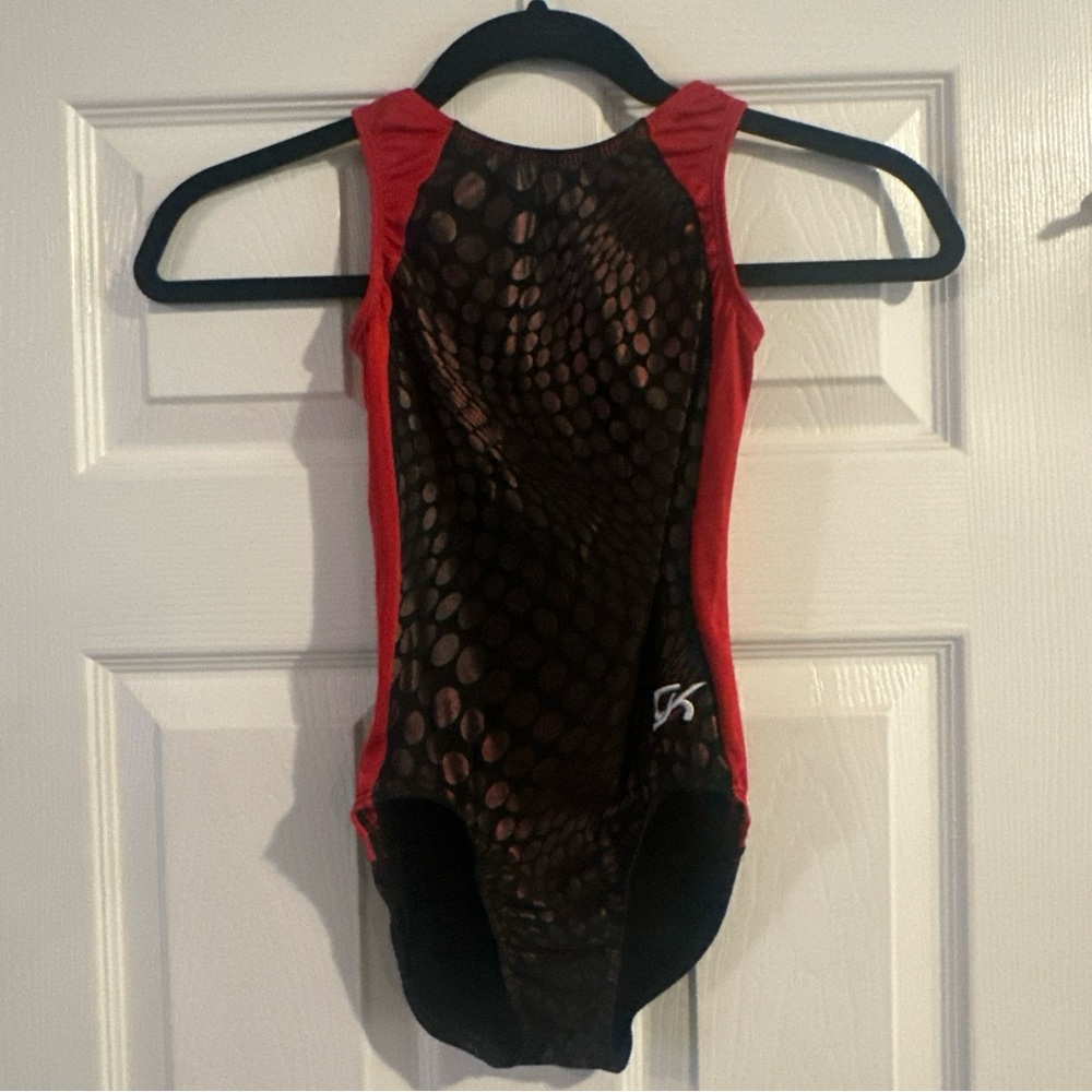 GK Elite Gymnastics Leotard Black With Red Holographic Polka Dots & Red Trim CL